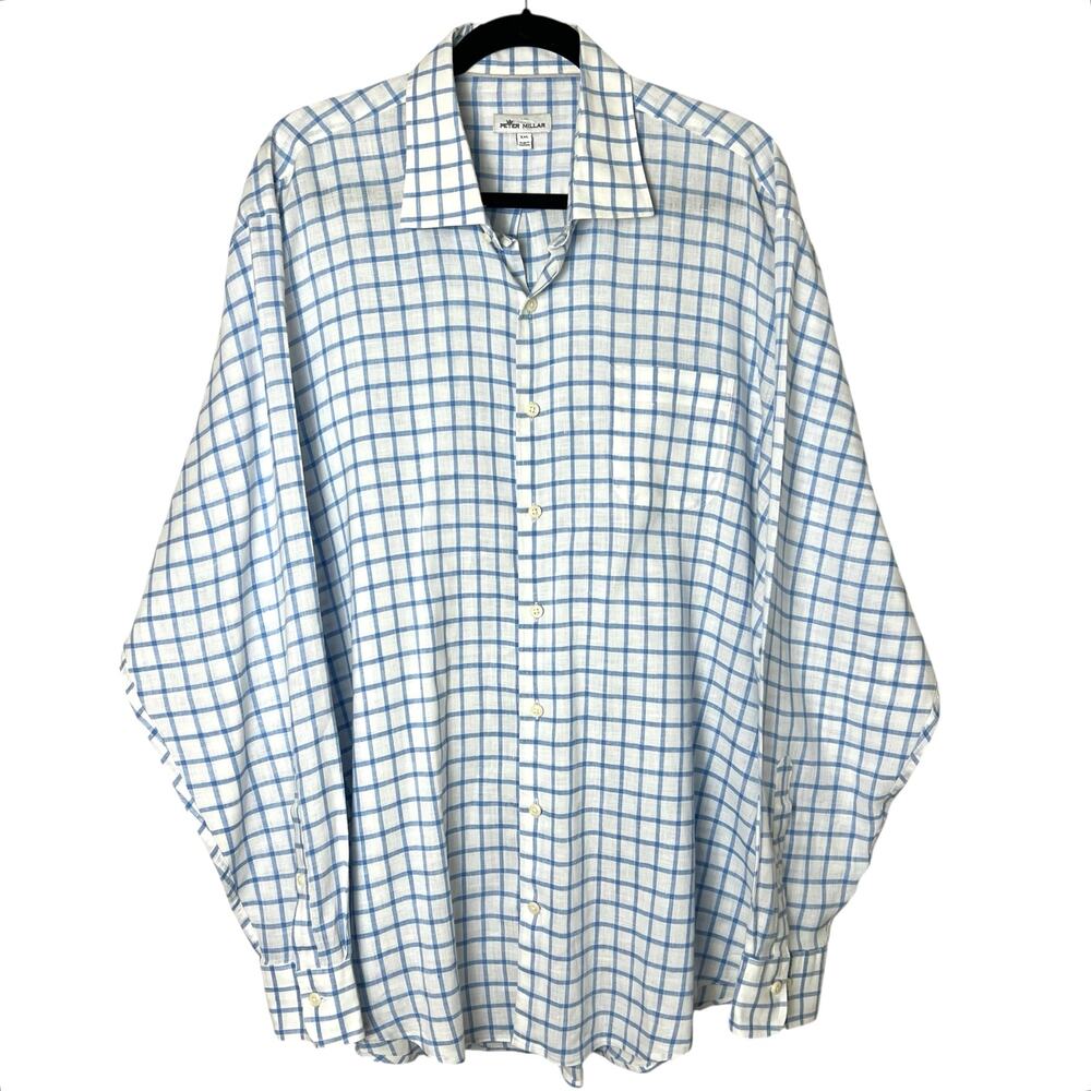 Peter Millar Button-Down Long Sleeve Linen Sport Shirt Blue White Plaid Sz XXL